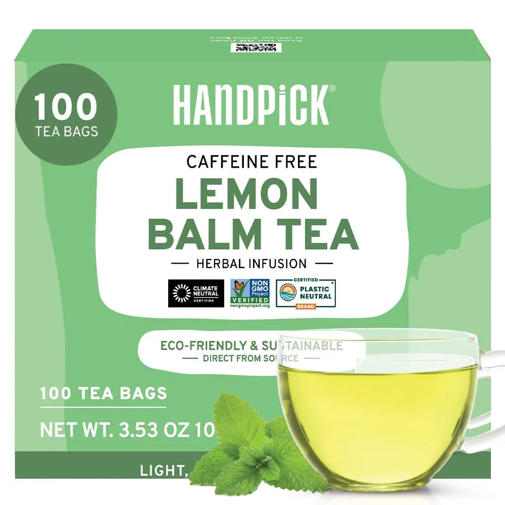 HANDPICK, Lemon Balm Tea Bags (100 Herbal Tea Bags) Melissa Tea - Caffeine-Free, Citrus Flavor & Aroma | Pure Ingredients - Lemon Balm Leaves | Brew Pure Lemon Balm Tea