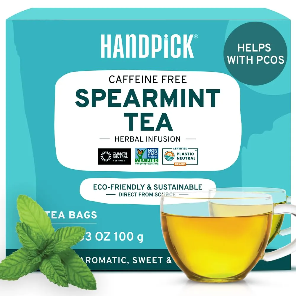 HANDPICK, Spearmint Tea Bags (100 Herbal Tea Bags) | Helps with PCOS | Rich in Essential Oil | Refreshing Mint Tea | Non-GMO, Gluten Free | Round Eco-Conscious Tea Bags