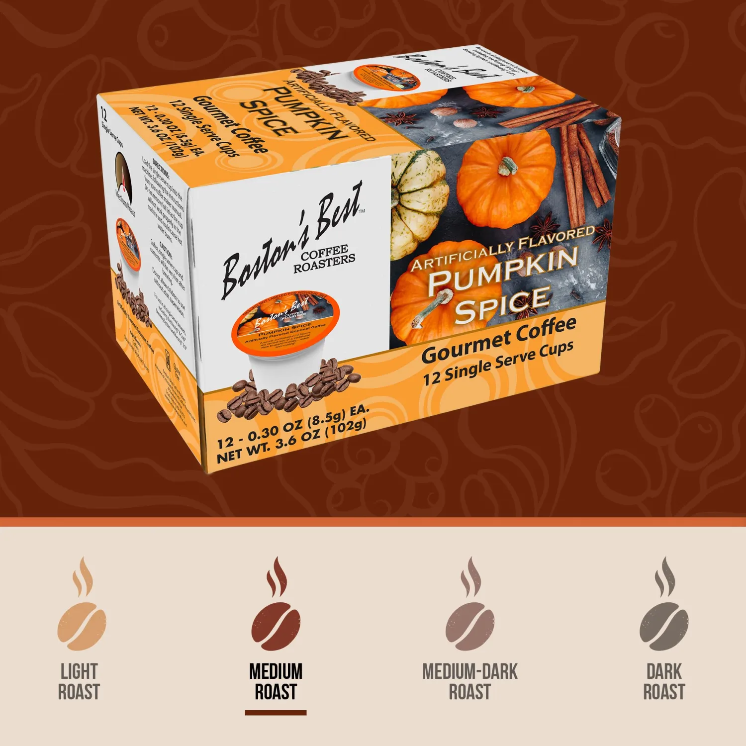 Boston’s Best Gourmet Coffee – Pumpkin Spice Flavored Coffee – Medium Roast – Single Serve Coffee Pods, Compatible with Keurig Brewers – 12 Pods