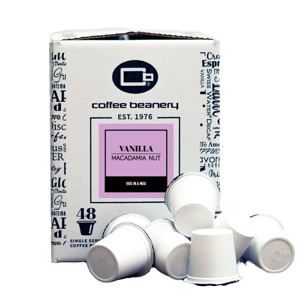 Vanilla Macadamia Nut Flavored Coffee Pods by Coffee Beanery | 48ct Medium Roast, 100% Arabica Gourmet Pods