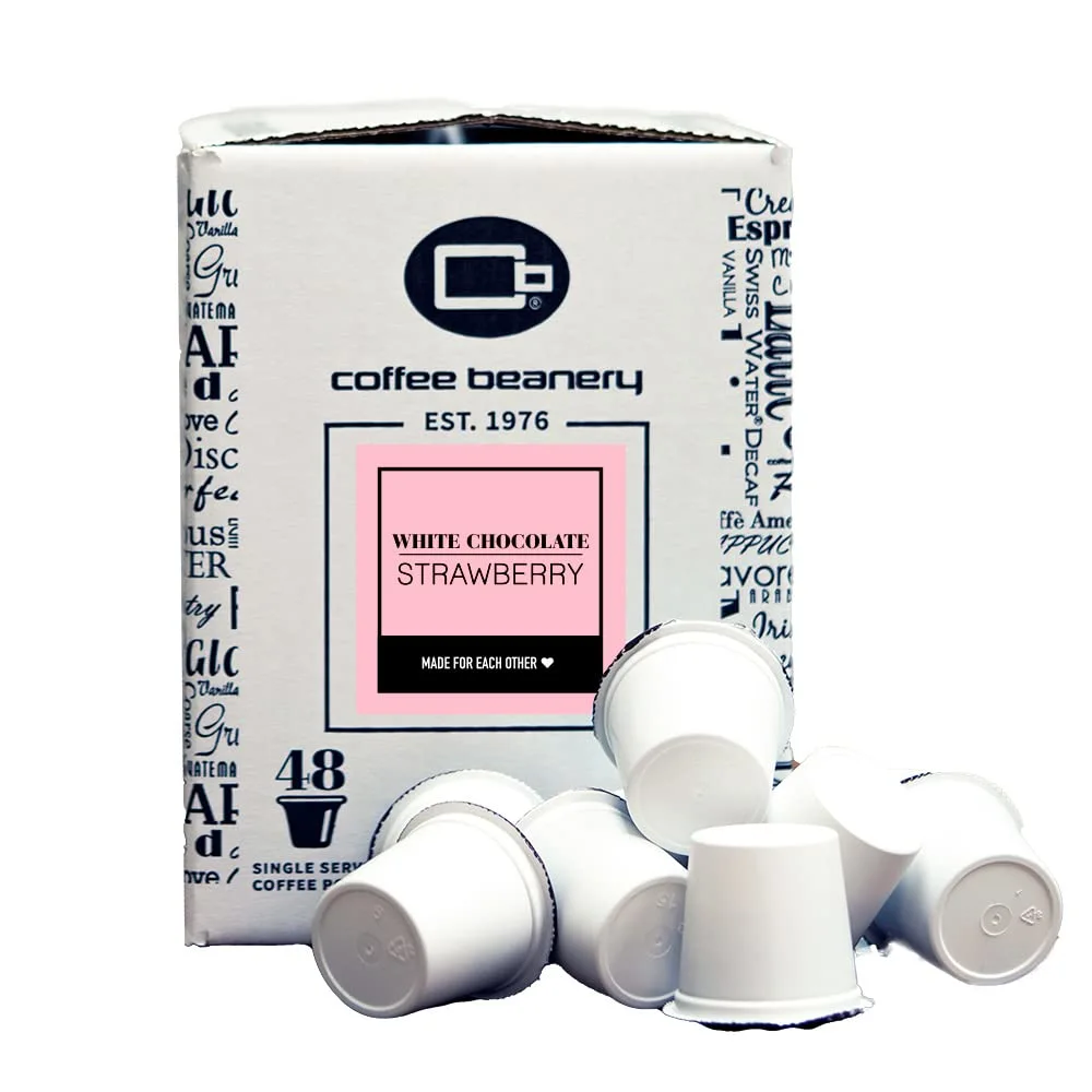 White Chocolate Strawberry Coffee Pods by Coffee Beanery | 48ct Medium Roast Gourmet Coffee, Flavored, Arabica