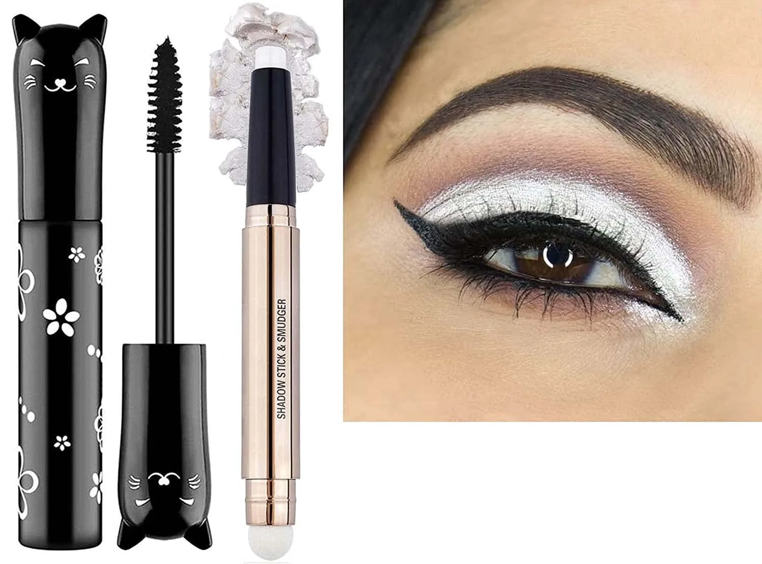 2 Pack White Eyeshadow Stick and Cat Eye Black Mascara Set, Cream Shimmer Smooth Eyeshadow Pencil, Waterproof Hypoallergenic Volumizing Lengthening Mascara, Multi-Dimensional eyes Look