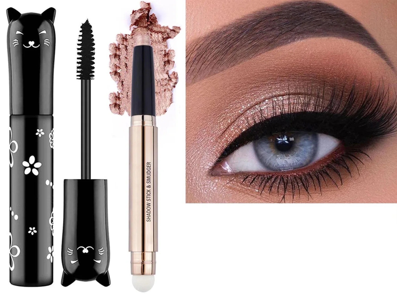 2 Pack Cream Eyeshadow Stick and Cat Eye Black Mascara Set, Shimmer Smooth Eyeshadow Pencil, Waterproof Hypoallergenic Volumizing Lengthening Mascara, Multi-Dimensional eyes Look