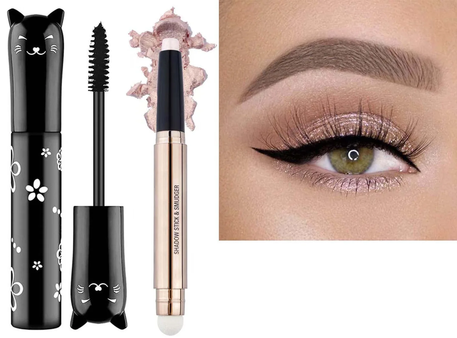 2 Pack Cream Eyeshadow Stick and Cat Eye Black Mascara Set, Shimmer Smooth Eyeshadow Pencil, Waterproof Hypoallergenic Volumizing Lengthening Mascara, Multi-Dimensional eyes Look