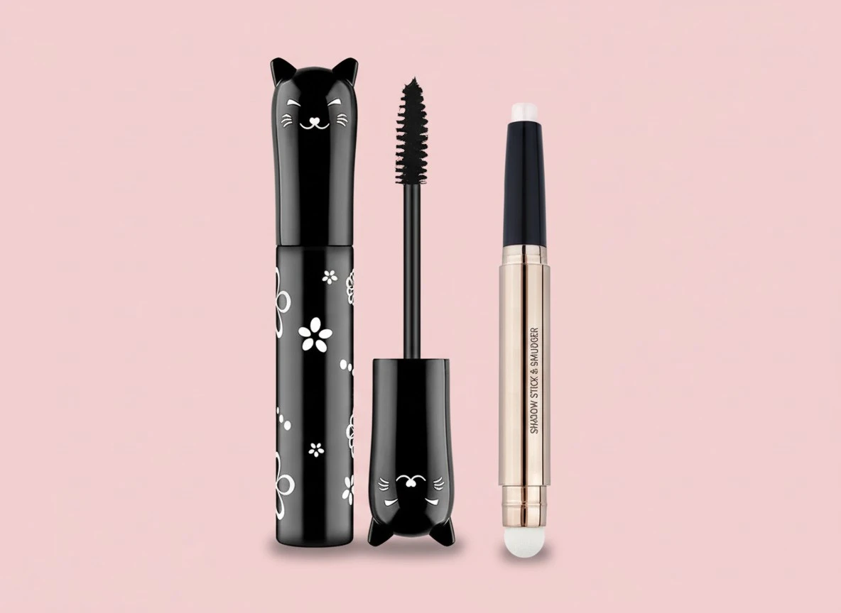 2 Pack Cream Eyeshadow Stick and Cat Eye Black Mascara Set, Shimmer Smooth Eyeshadow Pencil, Waterproof Hypoallergenic Volumizing Lengthening Mascara, Multi-Dimensional eyes Look