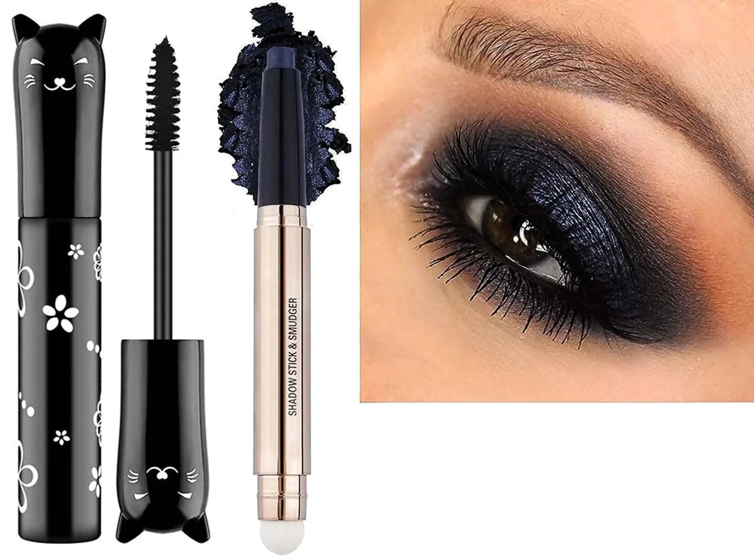 2 Pack Eyeshadow Stick and Cat Eye Black Mascara Set, Cream Shimmer Smooth Eyeshadow Pencil, Waterproof Hypoallergenic Volumizing Lengthening Mascara, Multi-Dimensional eyes Look