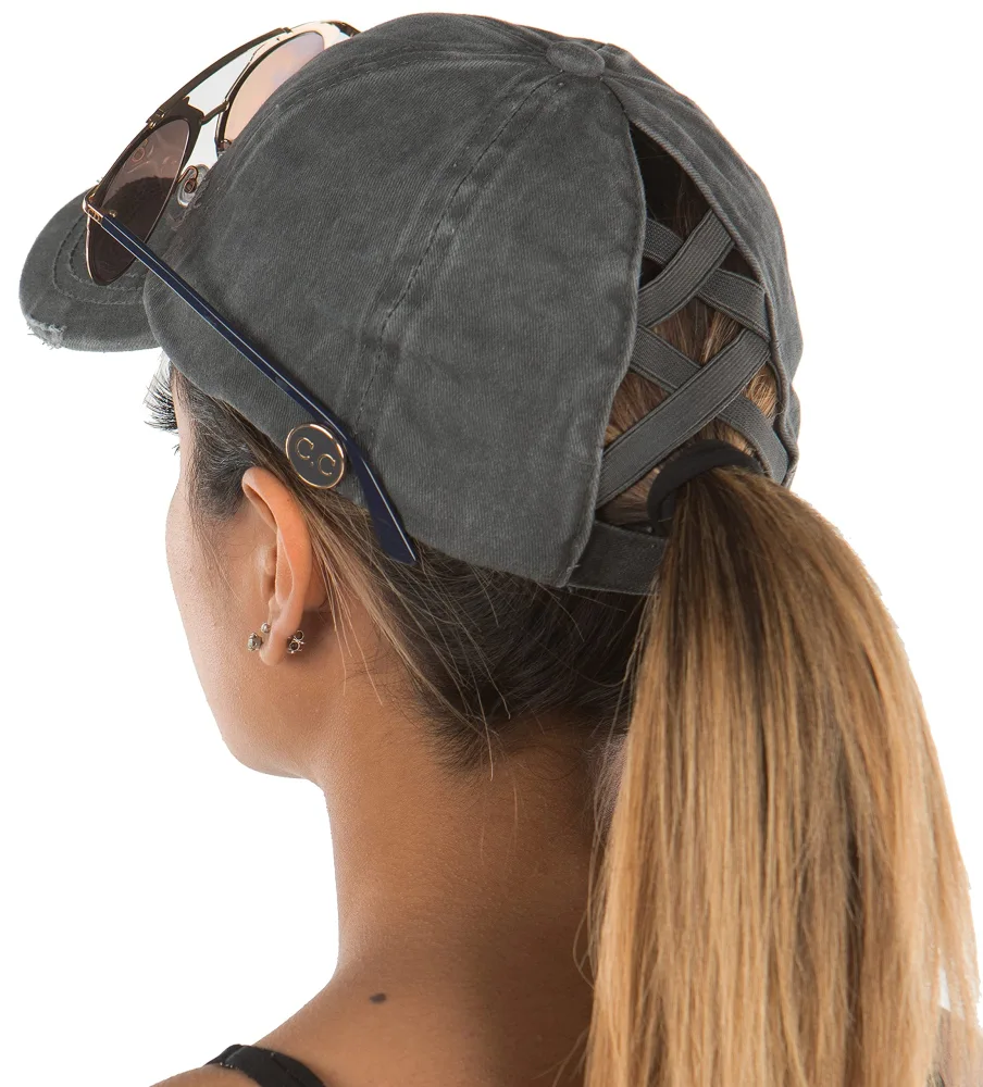 Funky Junque Women's Ponytail Baseball Cap - Criss Cross Design with Messy Bun Opening and Side Buttons