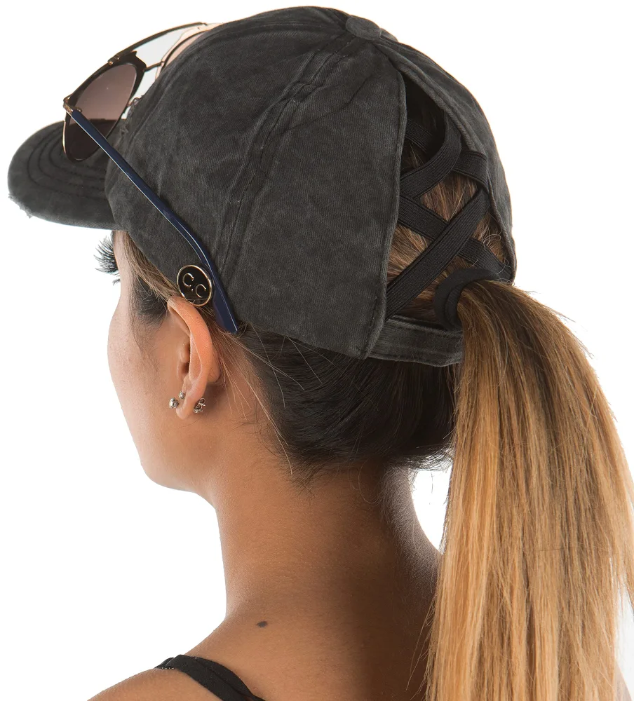 Funky Junque Women's Ponytail Baseball Cap - Criss Cross Design with Messy Bun Opening and Side Buttons