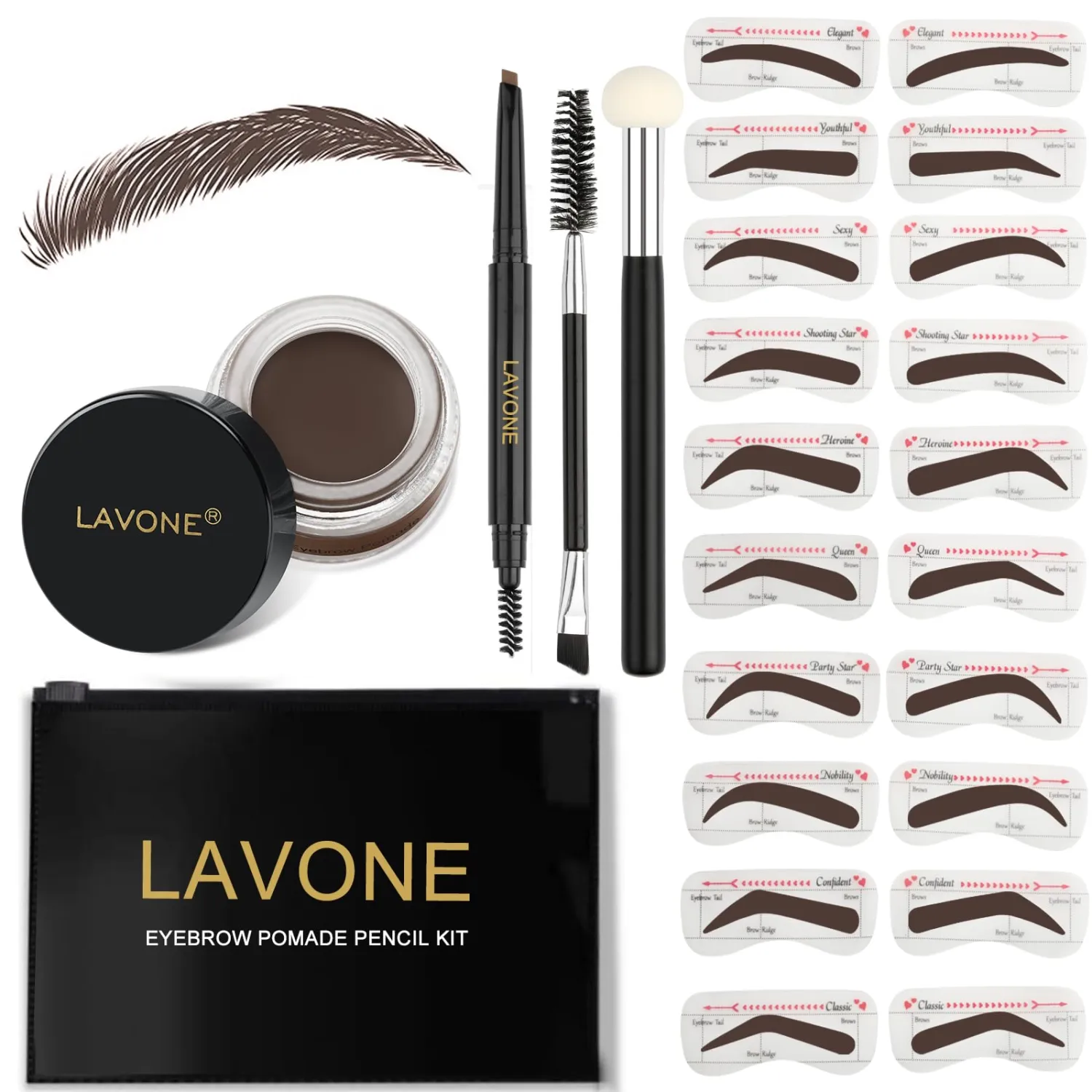 LAVONE Eyebrow Stamp Stencil Kit - Brow Stamp Trio with Waterproof Pencil, Pomade, 20 Stencils, Dual-ended Brush and Sponge Applicator - Dark Coffee