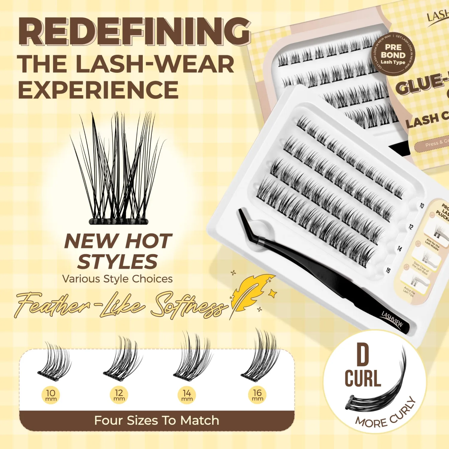 LASHVIEW Self Adhesive Lash Clusters Eyelashes,Press-on Lashes 10-16mm Individual Lash Extension Kit with Lash Tweezers,No Glue Needed Natural Self Adhesive DIY Eyelash Extension Kit (44PC)