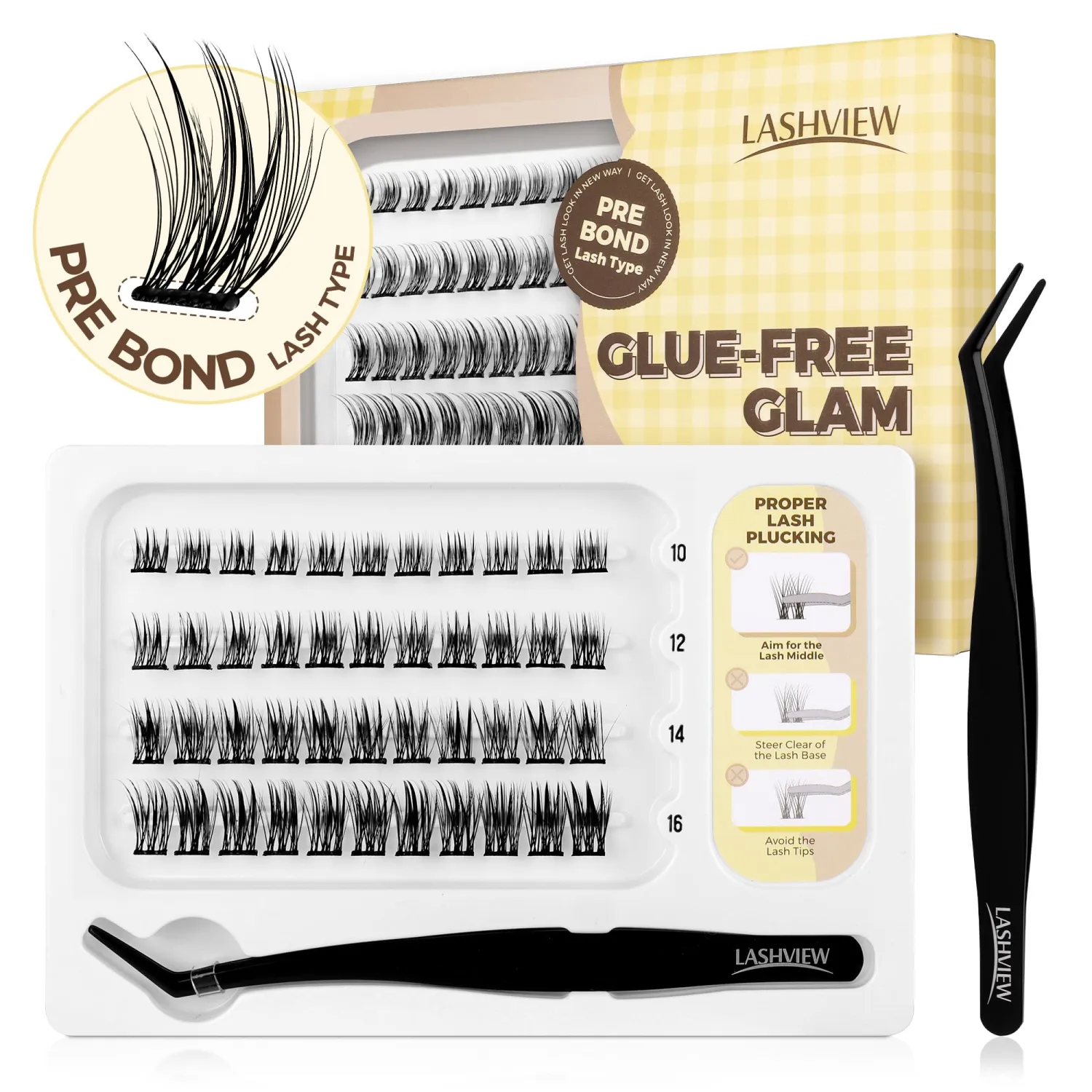 LASHVIEW Self Adhesive Lash Clusters Eyelashes,Press-on Lashes 10-16mm Individual Lash Extension Kit with Lash Tweezers,No Glue Needed Natural Self Adhesive DIY Eyelash Extension Kit (44PC)