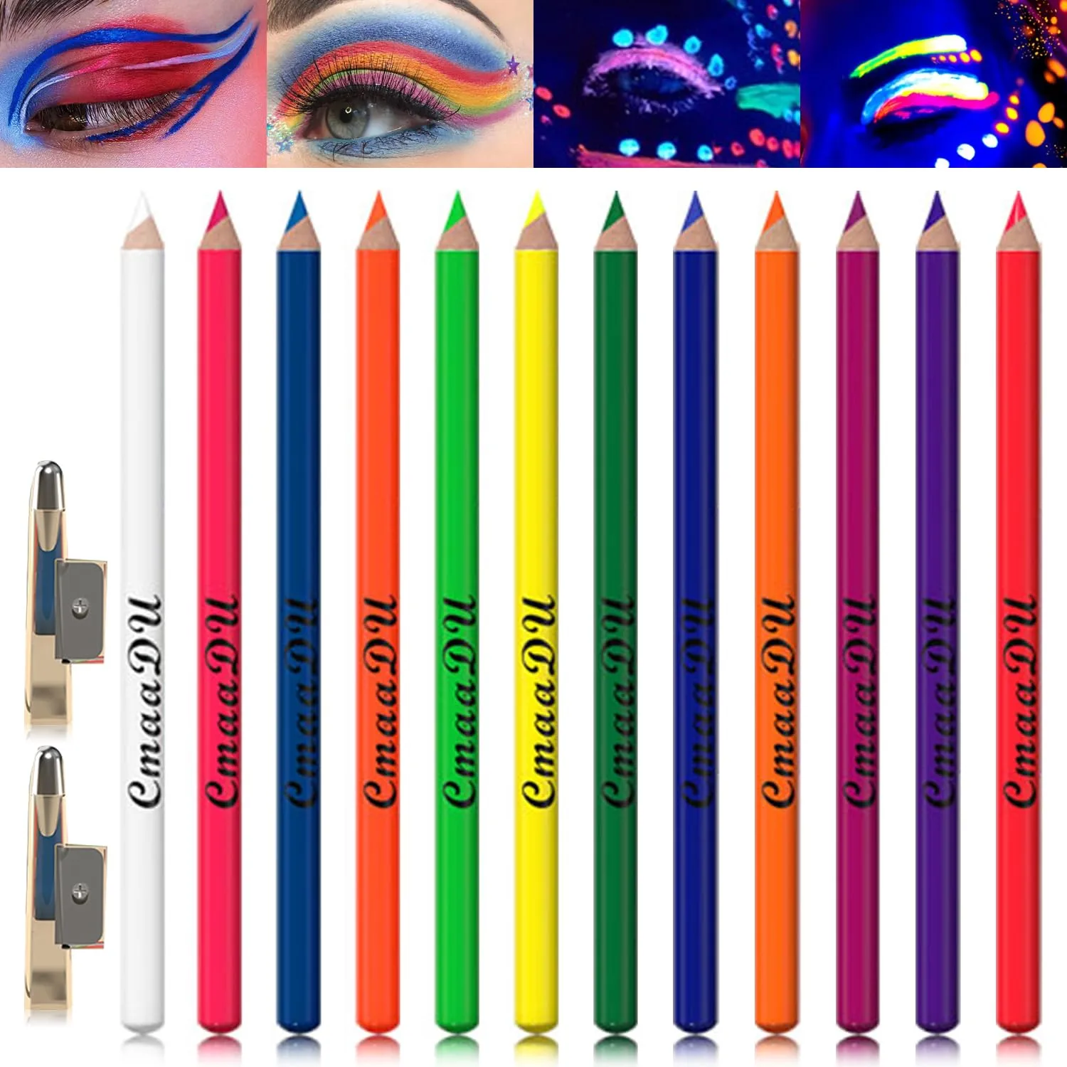 12 Colors UV Glow Neon Eyeliner Pen Set, Colorful Crayon Fluorescent Face Body Paint, Matte Rainbow Colored Eyeliner Pencil Makeup Gift Kit for Kids Adult Birthday Halloween Masquerade Glow Party