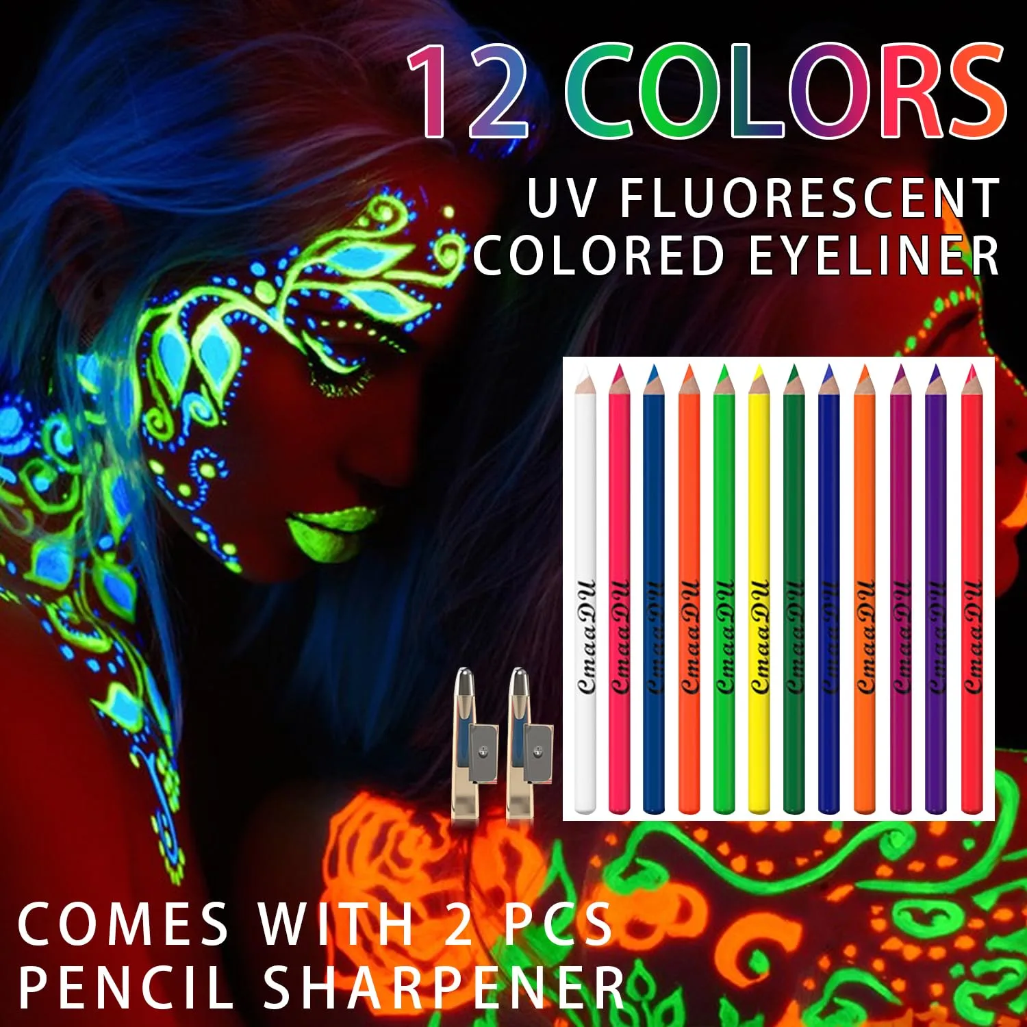 12 Colors UV Glow Neon Eyeliner Pen Set, Colorful Crayon Fluorescent Face Body Paint, Matte Rainbow Colored Eyeliner Pencil Makeup Gift Kit for Kids Adult Birthday Halloween Masquerade Glow Party