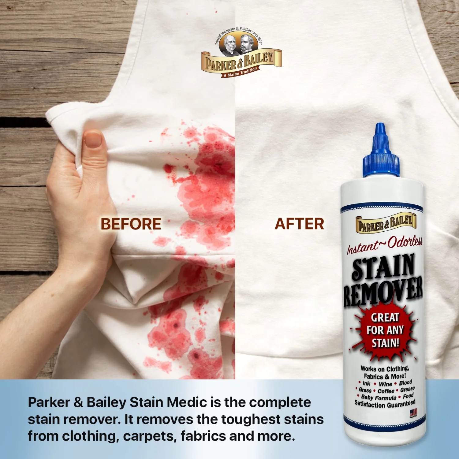 Parker & Bailey Liquid Stain Remover - Instant Stain Removal on Laundry Clothing Fabric Ink Grease Blood Grass Coffee Wine Food Carpet Upholstery Spot Cleaner Odor Free Detergent Booster, 8oz