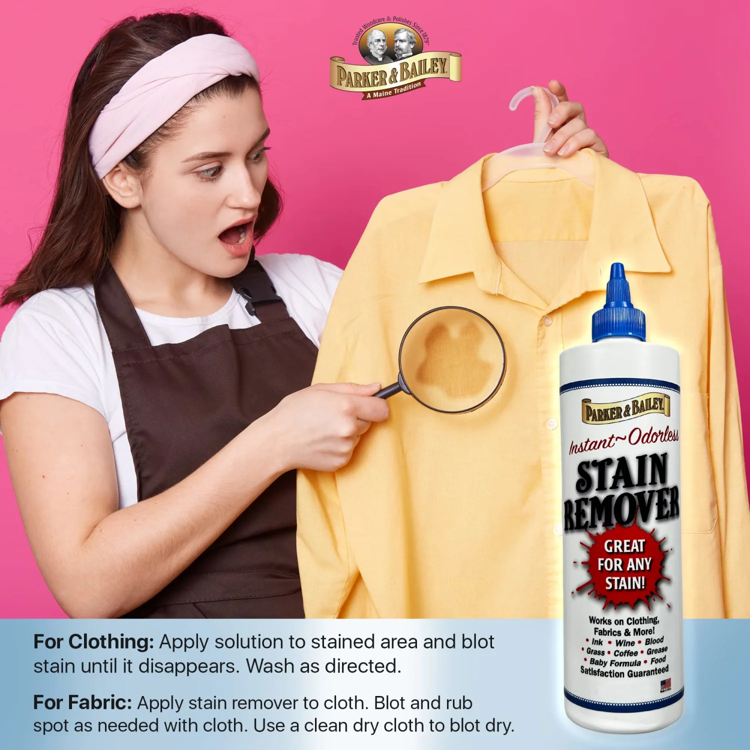 Parker & Bailey Liquid Stain Remover - Instant Stain Removal on Laundry Clothing Fabric Ink Grease Blood Grass Coffee Wine Food Carpet Upholstery Spot Cleaner Odor Free Detergent Booster, 8oz