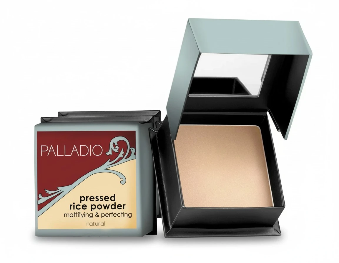 Palladio, Pressed Rice Powder with Mirror Mattifying Makeup Setting that Lasts All Day Instantly Absorbs Oil Works alone or with makeup, Translucent, 0.26 Ounce