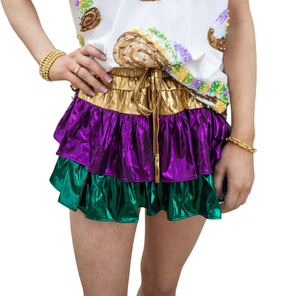 Women Mardi Gras Satin Skirt Summer Layered Ruffle Mini Skirt 