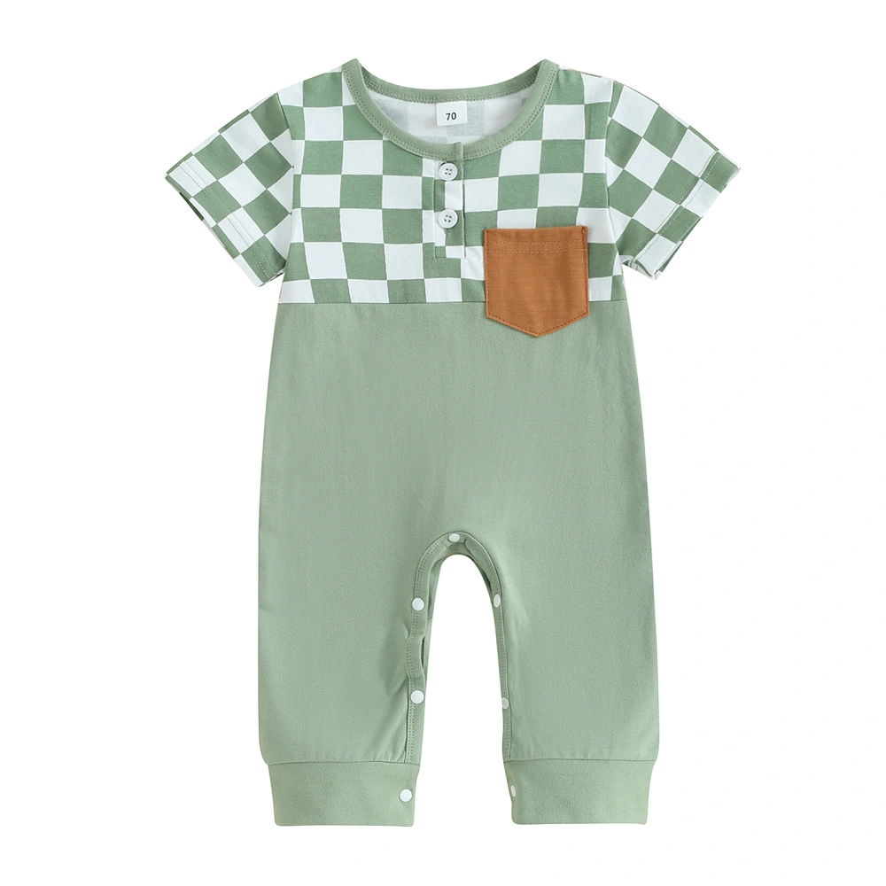 Baby Summer Romper Short Sleeve Crew Neck Checkerboard Print Jumpsuit