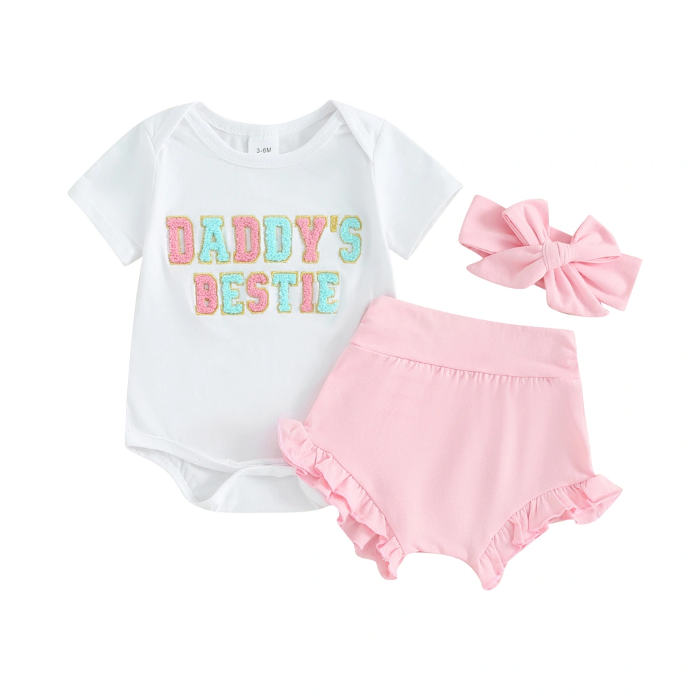 Baby Girls Summer Outfit Letter Embroidery Romper + Shorts + Headband