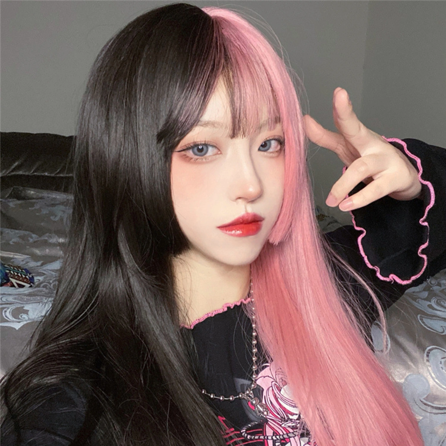 Women Synthetic Fiber Wig Long Straight Contrast Color Wig with Bangs