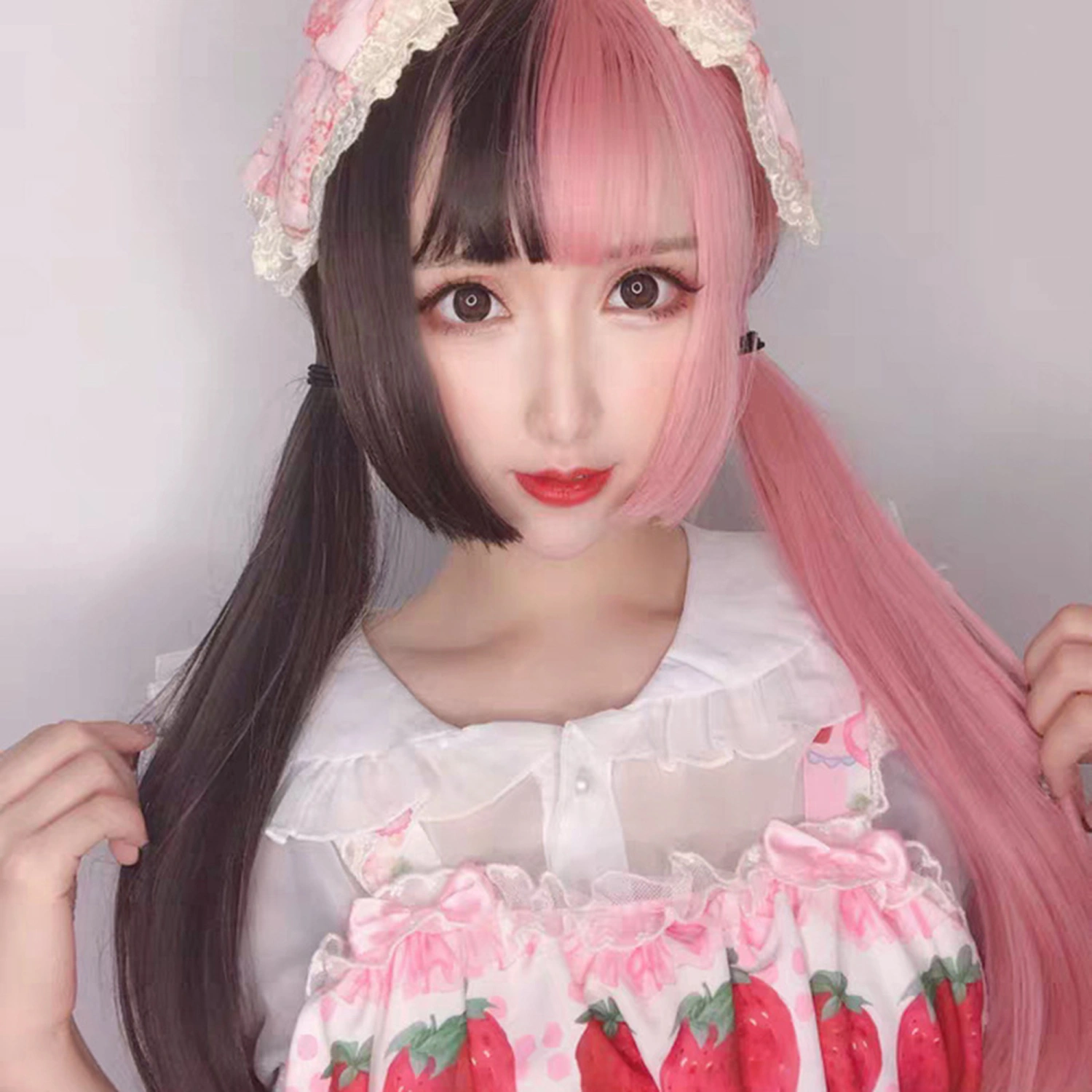 Women Synthetic Fiber Wig Long Straight Contrast Color Wig with Bangs
