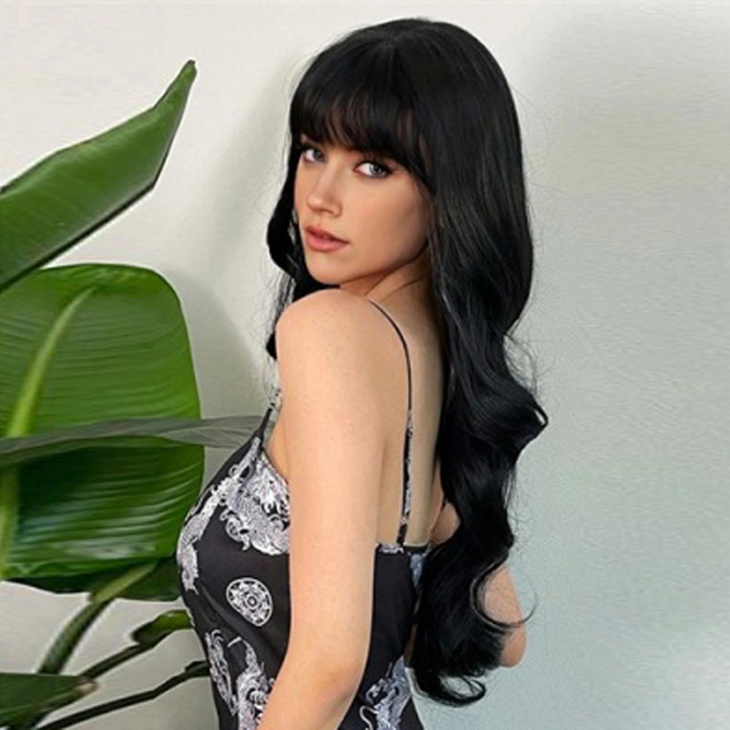 Women Girls Synthetic Fiber Wig Long Curly Wig with Air Bangs