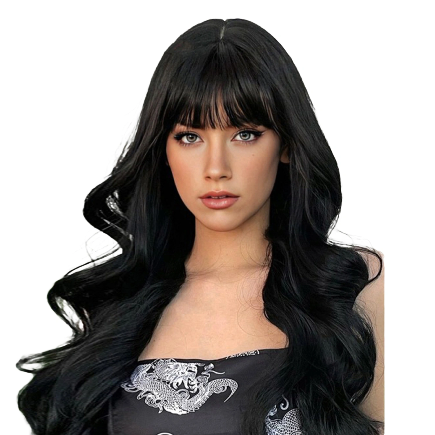 Women Girls Synthetic Fiber Wig Long Curly Wig with Air Bangs