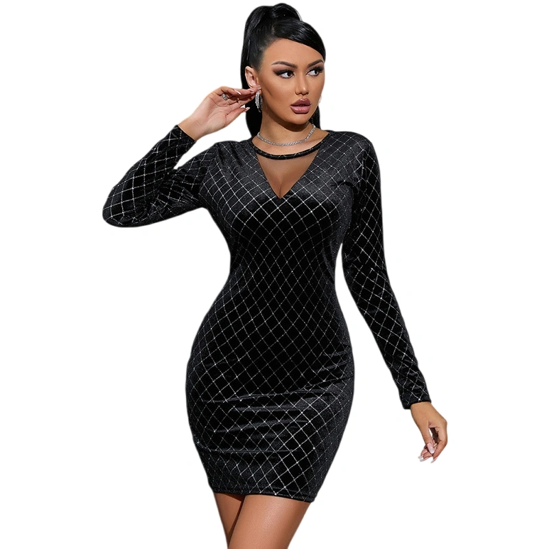 Women Slim Dress Black Long Sleeve Sheer Rhinestone Evening Dress