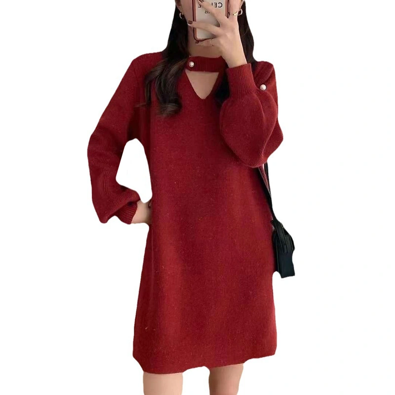 Women Knit Sweater Dress Red Long Sleeve Hollow Out Straight Dress