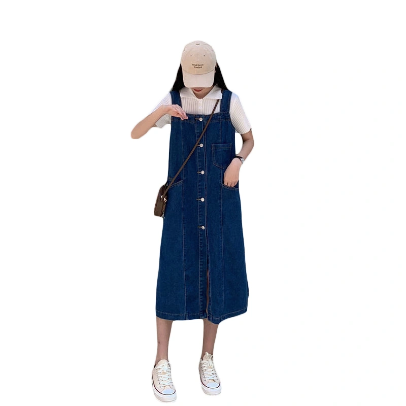 Women's Button Down Denim Dress Sleeveless Solid Color Overall Dress