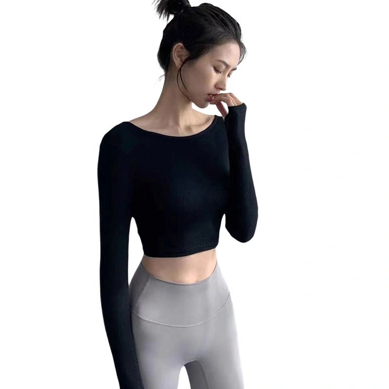 Women's Yoga Crop T-Shirt Solid Long Sleeve Back Cross Fitness Tops