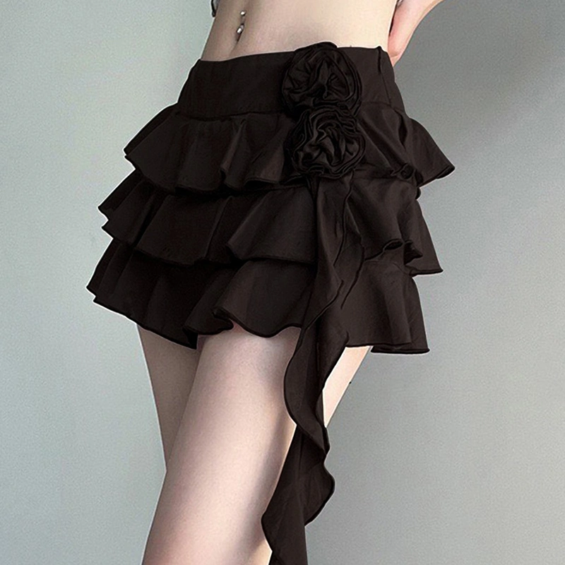 Women Layered Ruffle Skirt Summer Solid Color Irregular Mini Skirt