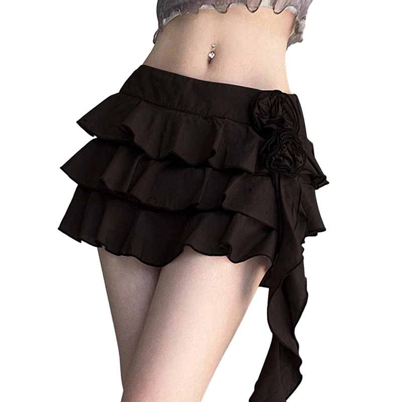 Women Layered Ruffle Skirt Summer Solid Color Irregular Mini Skirt