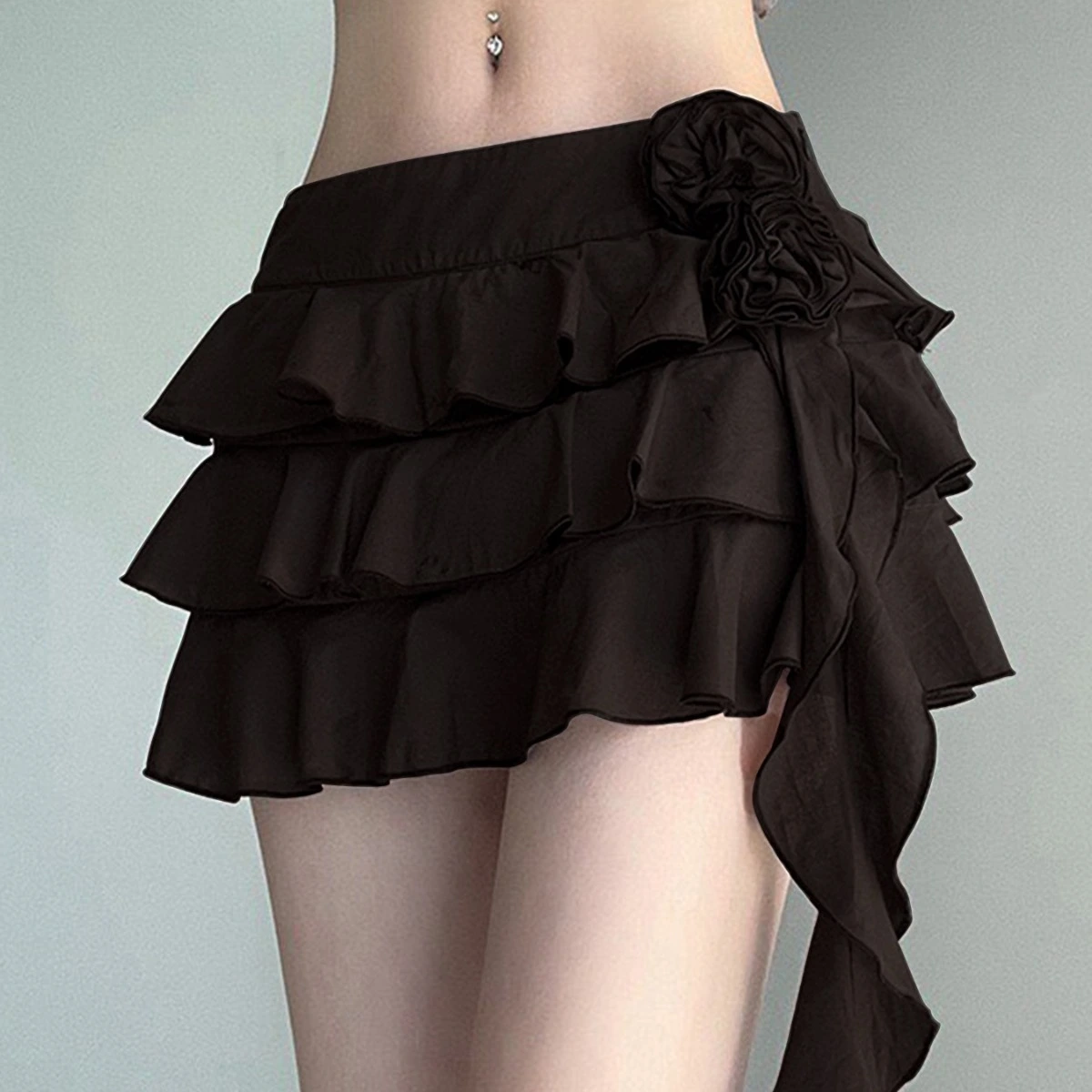Women Layered Ruffle Skirt Summer Solid Color Irregular Mini Skirt
