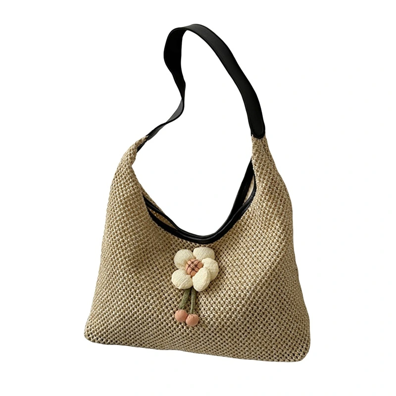 Women Woven Bag, Fine Mesh Large Capacity Flower Shoulder Bag Handbag