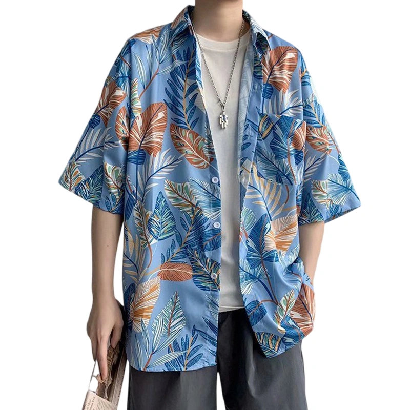 Men's Hawaiian Shirts Leaf Print Short Sleeve Button Down Loose Tops