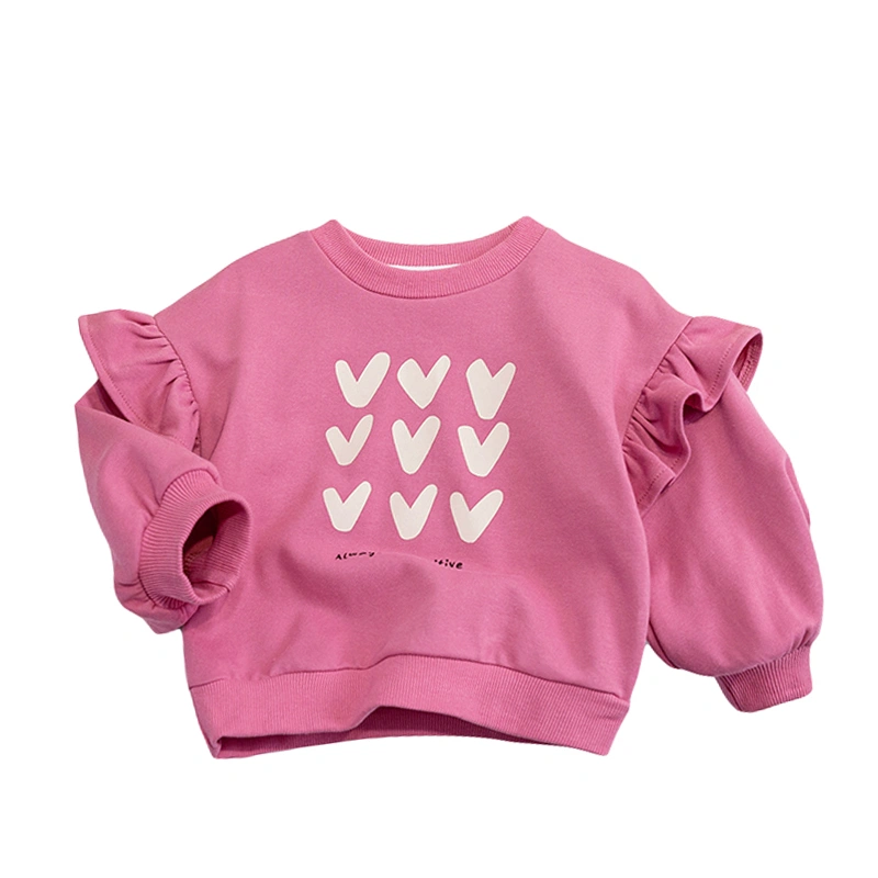 Girls Sweatshirts Long Sleeve Crewneck Ruffle Heart Print Pullover