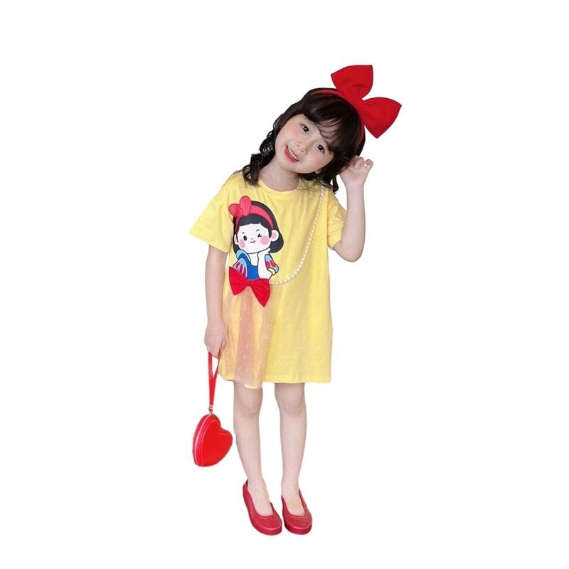 Girl Summer T-Shirt Dress Princess Print Tulle Bow Short Sleeve Dress