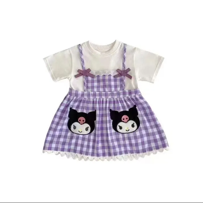 Girl’s Dress, Short Sleeve Cartoon Plaid False 2-piece Summer Dress