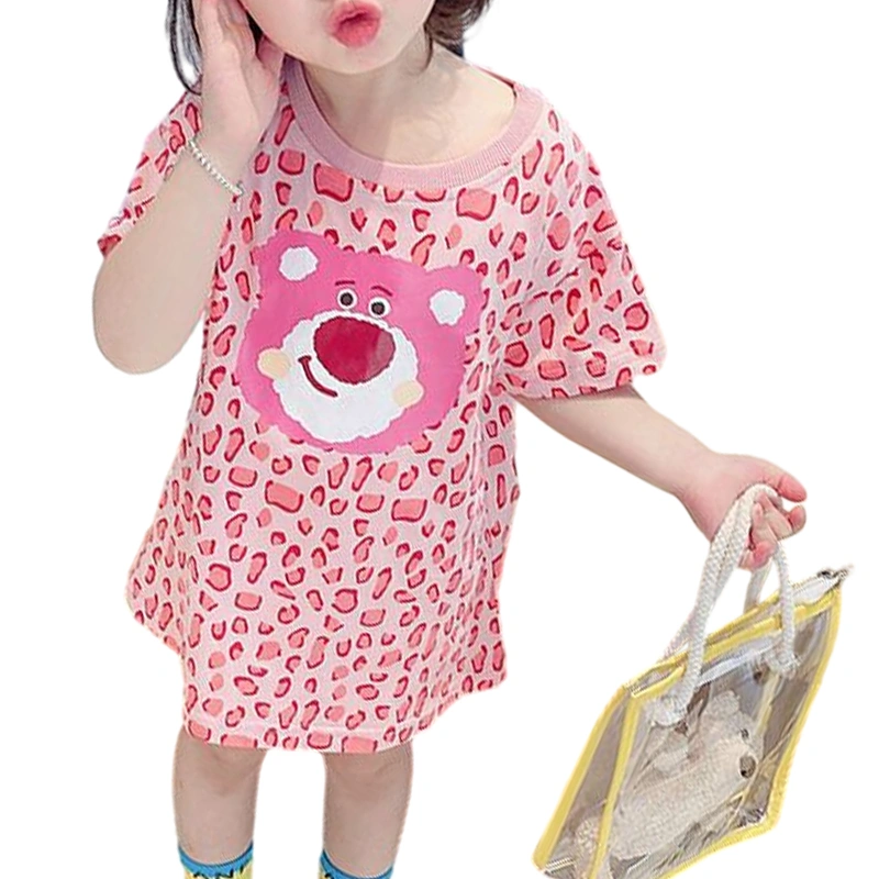 Girl's Cute Short Sleeve Round Neck Leopard Bear Print T-Shirt Dress 