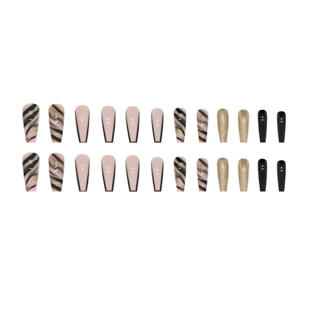 24pcs Fake Nails, DIY Shiny Black Gold Glue On False Nail Tips