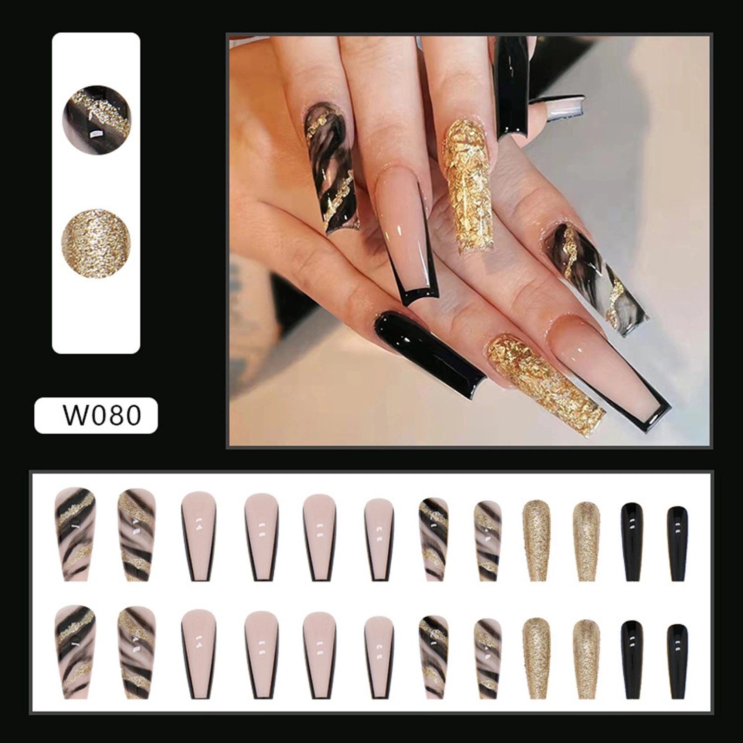 24pcs Fake Nails, DIY Shiny Black Gold Glue On False Nail Tips