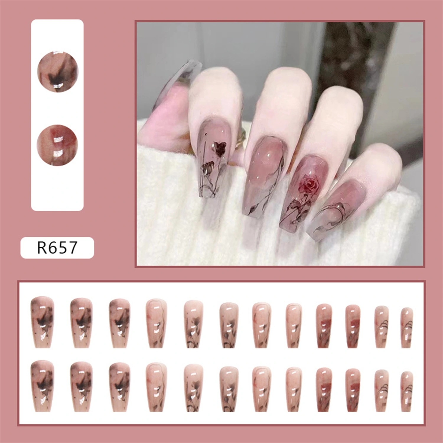 Chinese Nails Set Natural Vintage Ink Rose Long False Nail with Glue