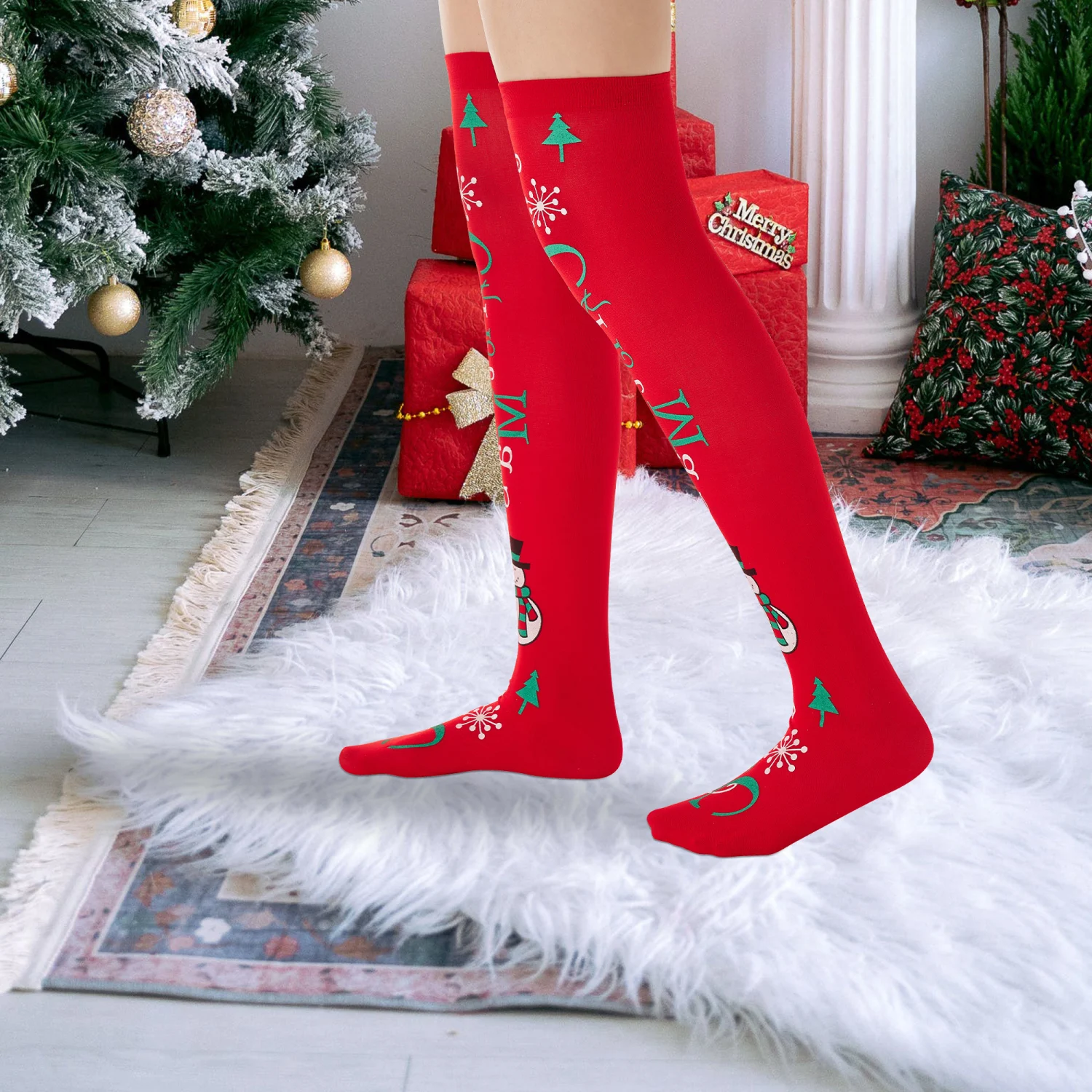 Women Christmas Thigh-high Socks, Soft Winter Stay-up Stockings