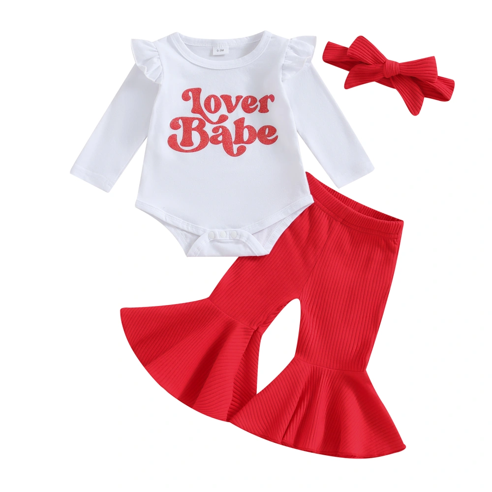 Baby Long Sleeve Letter Print Romper Red Flared Pants Headband Sets