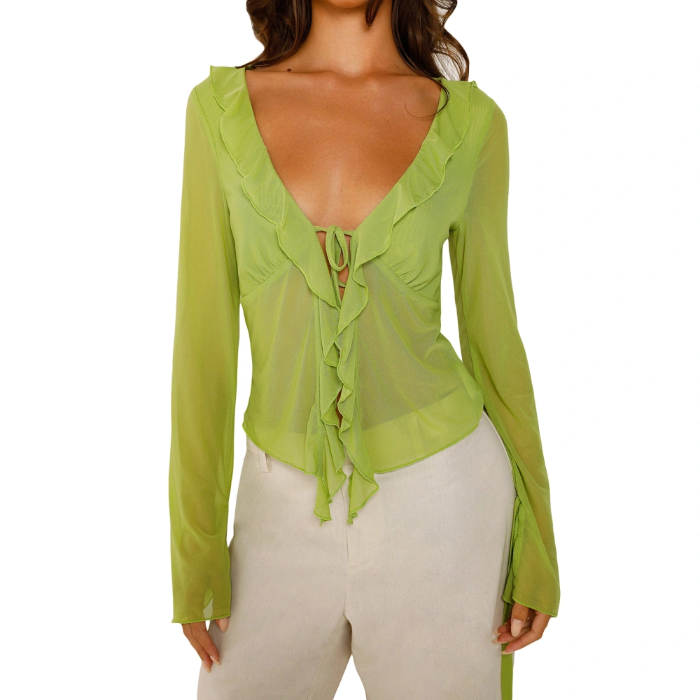 Women Tops, Long Sleeve Tie-up Ruffled See-through Fall Shirt