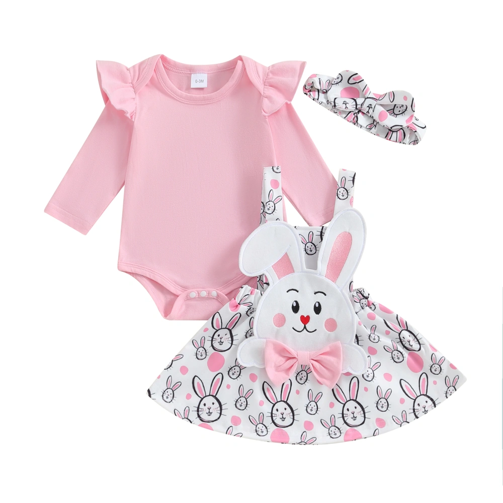 Baby Ruffle Romper Bunny/Easter Egg Print Suspender Skirt Headband Set