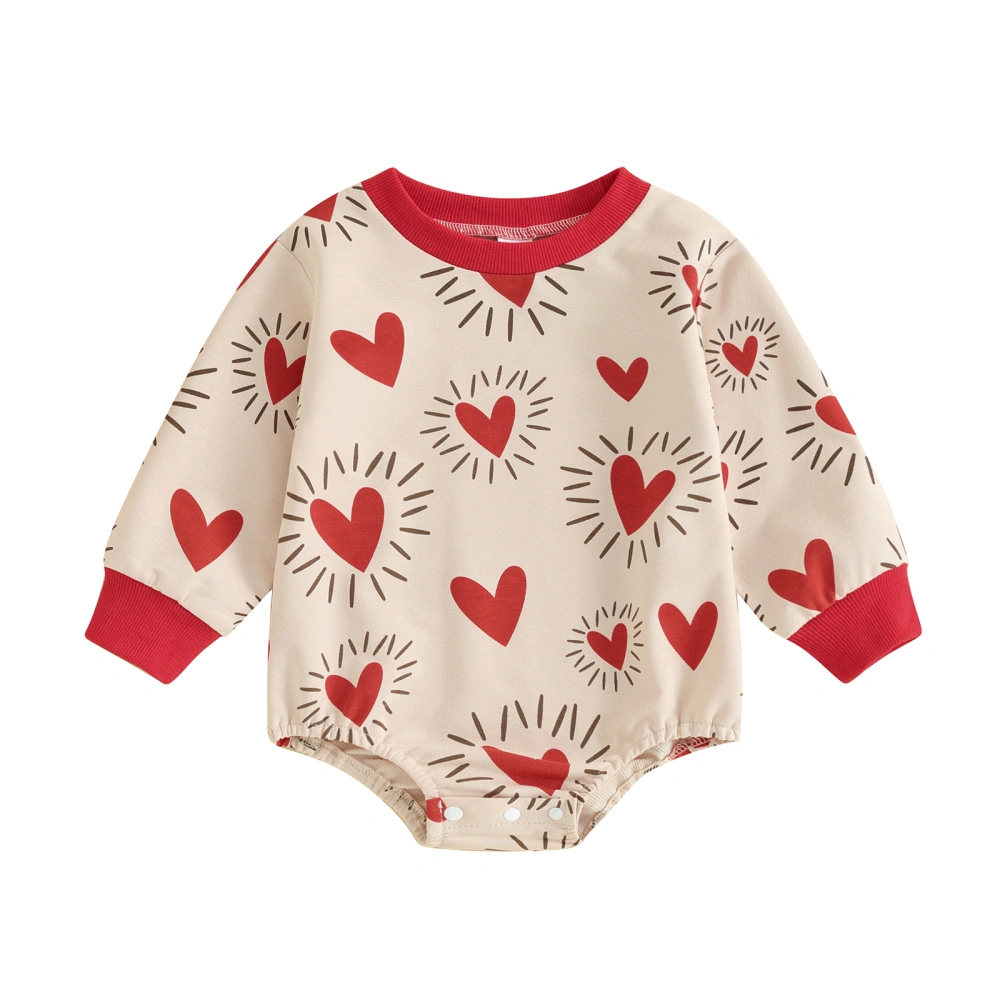 Long Sleeve Round Neck Heart Print Baby Girl Valentine's Day Romper 