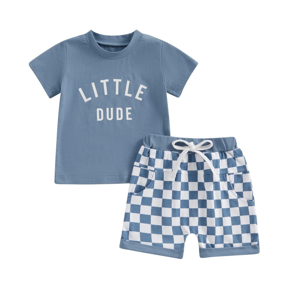 Boy Summer Letter Print Short Sleeve T-Shirt with Checkerboard Shorts 