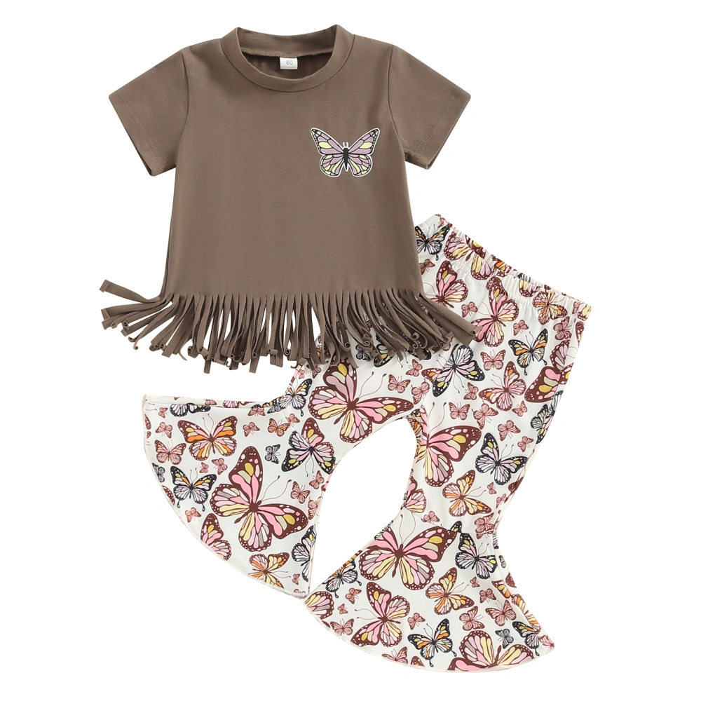 Girl Pants Sets Short Sleeve Tassel  T-shirt Butterfly Print Pants Set